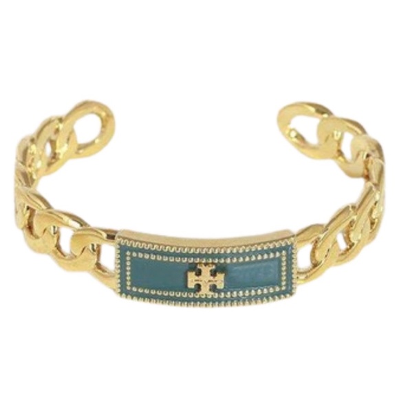 TORY BURCH • Green Milgrain Logo Cuff Bracelet - Picture 3 of 5